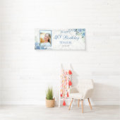 ブルーエレガントバラフローラフレーム40th誕生日パーティー 横断幕 (インサイチュ)