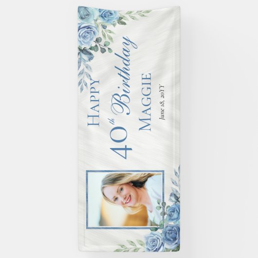 ブルーエレガントバラフローラフレーム40th誕生日パーティー 横断幕 (縦)