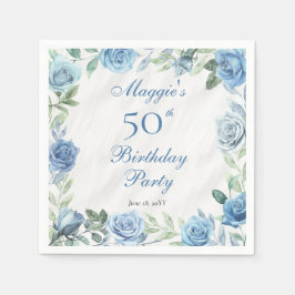 ブルーエレガントバラフローラフレーム50th誕生日パーティー スタンダードカクテルナプキン