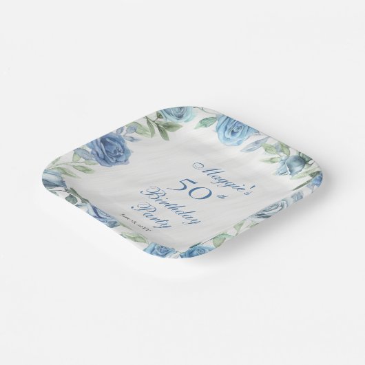 ブルーエレガントバラフローラフレーム50th誕生日パーティー ペーパープレート (傾斜あり)