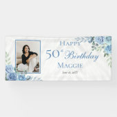 ブルーエレガントバラフローラフレーム50th誕生日パーティー 横断幕 (横)