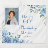 ブルーエレガントバラフローラフレーム60th誕生日パーティー スパークリングワインラベル (シングルラベル)