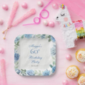 ブルーエレガントバラフローラフレーム60th誕生日パーティー ペーパープレート (パーティー)