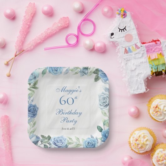 ブルーエレガントバラフローラフレーム60th誕生日パーティー ペーパープレート (パーティー)