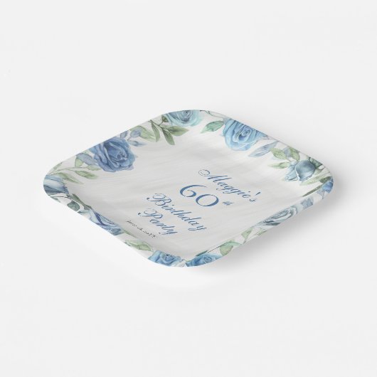 ブルーエレガントバラフローラフレーム60th誕生日パーティー ペーパープレート (傾斜あり)