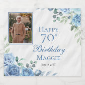 ブルーエレガントバラフローラフレーム70th誕生日パーティー スパークリングワインラベル (シングルラベル)