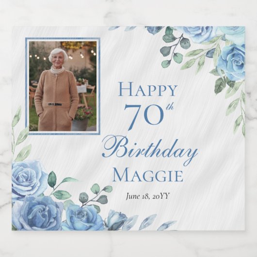 ブルーエレガントバラフローラフレーム70th誕生日パーティー スパークリングワインラベル (シングルラベル)