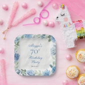 ブルーエレガントバラフローラフレーム70th誕生日パーティー ペーパープレート (パーティー)