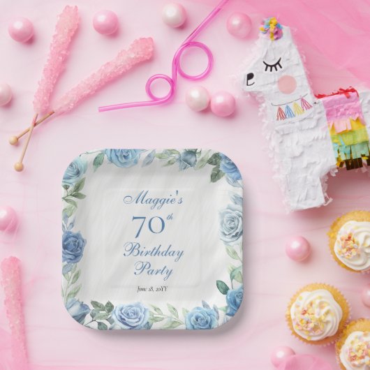 ブルーエレガントバラフローラフレーム70th誕生日パーティー ペーパープレート (パーティー)