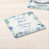ブルーエレガントバラフローラフレーム80th誕生日パーティー スクエアペーパーコースター (アングル)