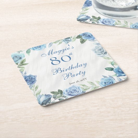 ブルーエレガントバラフローラフレーム80th誕生日パーティー スクエアペーパーコースター (アングル)