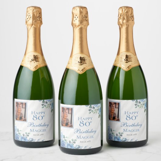 ブルーエレガントバラフローラフレーム80th誕生日パーティー スパークリングワインラベル (ボトル)