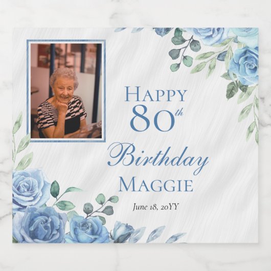 ブルーエレガントバラフローラフレーム80th誕生日パーティー スパークリングワインラベル (シングルラベル)