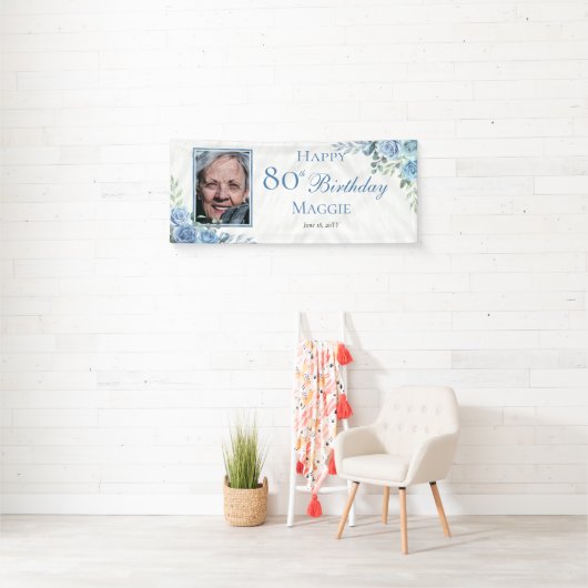 ブルーエレガントバラフローラフレーム80th誕生日パーティー 横断幕 (インサイチュ)