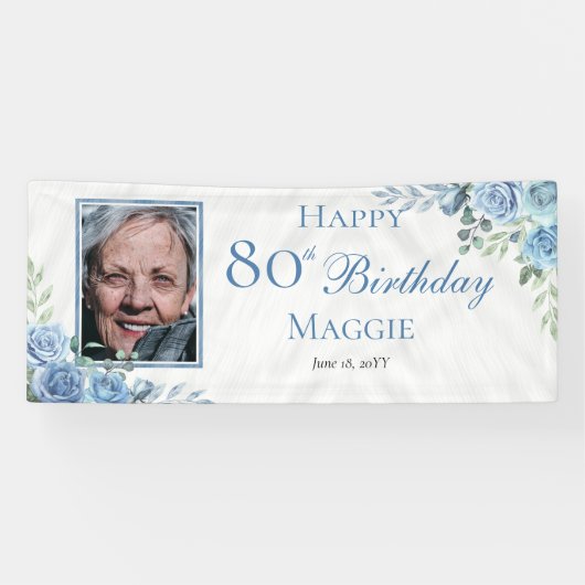 ブルーエレガントバラフローラフレーム80th誕生日パーティー 横断幕 (横)