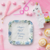 ブルーエレガントバラフローラフレーム90th誕生日パーティー ペーパープレート (パーティー)