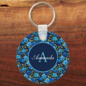 ブルーエレガントバラフローラルパターンモノグラーム写真 キーホルダー (正面)