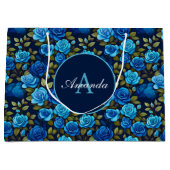 ブルーエレガントバラフローラルパターンモノグラーム写真 ラージペーパーバッグ (正面)