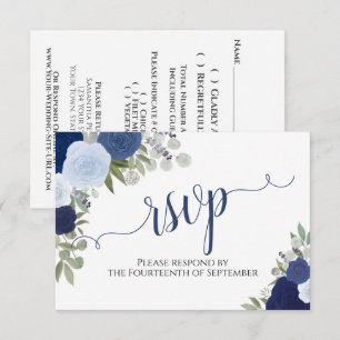 ブルーエレガントバラフローラ書道結婚式RSVP 出欠カード