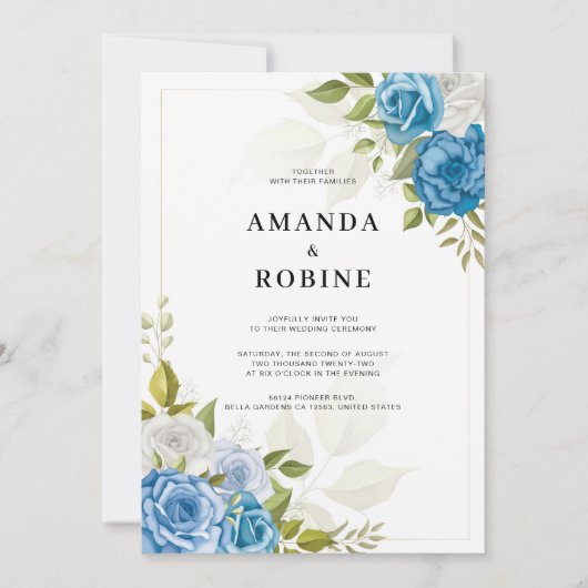 ブルーエレガントバラフローラ結婚式招待状 招待状 (正面)