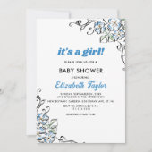 ブルーエレガントバラ素朴フローラガールベビーシャワー 招待状 (正面)