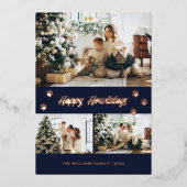 ブルーエレガントバラ金ゴールドフォトハッピーホリデイ 箔シーズンカード (正面)