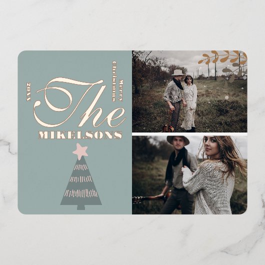 ブルーエレガントバラ金ゴールドボーホクリスマス 箔シーズンカード (正面)