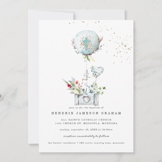 ブルーエレガントバルーンバプテスマ招待状 招待状 (正面)