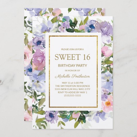 ブルーエレガントパープルフローラ金ゴールドスウィート16誕生日 招待状 (正面/裏面)
