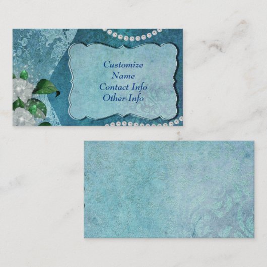 ブルーエレガントパール&レースヴィンテージパーソナライズされた 名刺 (正面/裏面)