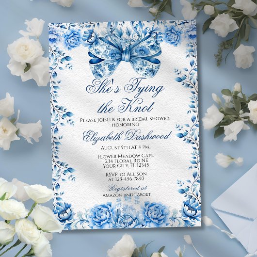ブルーエレガントビクトリアンフローラボウブライダルシャワー 招待状