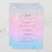 ブルーエレガントピンクシルバーグリッターデザイン 招待状 (正面/裏面)