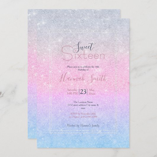 ブルーエレガントピンクシルバーグリッターデザイン 招待状 (正面/裏面)