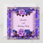 ブルーエレガントピンクパープル薄紫バラ誕生日 招待状 (正面)