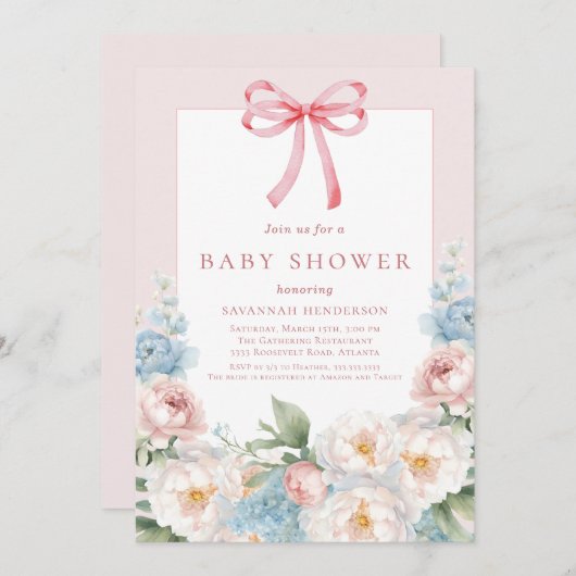 ブルーエレガントピンクフローラバウ赤ちゃんシャワー 招待状 (正面/裏面)