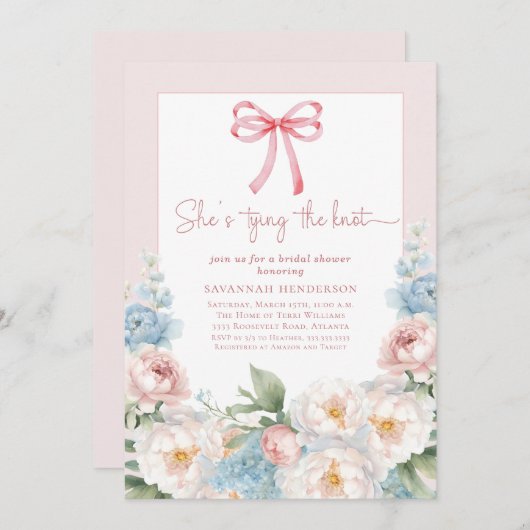 ブルーエレガントピンクフローラボウブライダルシャワーブランチ 招待状 (正面/裏面)