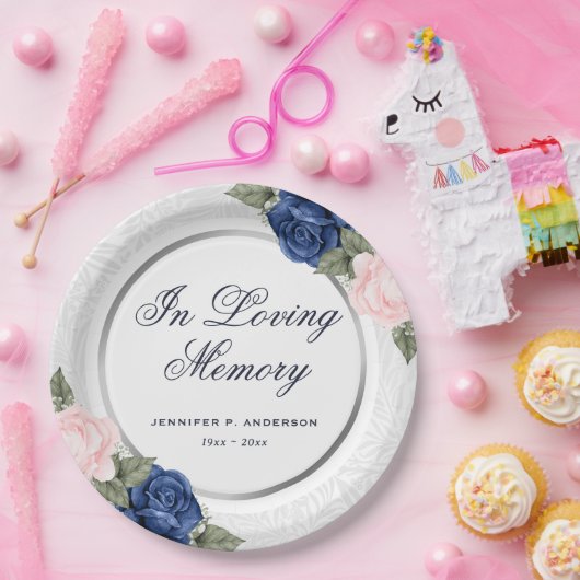 ブルーエレガントピンクフローラ追悼式 ペーパープレート (パーティー)