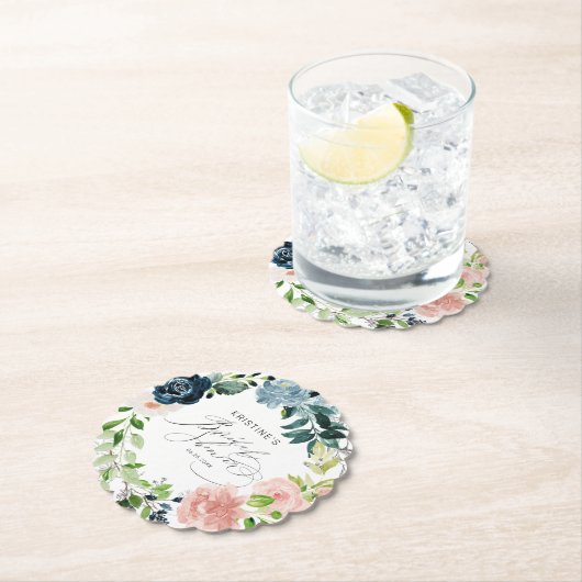 ブルーエレガントピンクローズフローラリースブライダルシャワー ペーパーコースター (インサイチュ)
