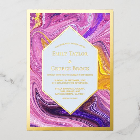 ブルーエレガントピンク銀河系抽象芸術ア結婚ート金ゴールド 箔招待状 (正面)