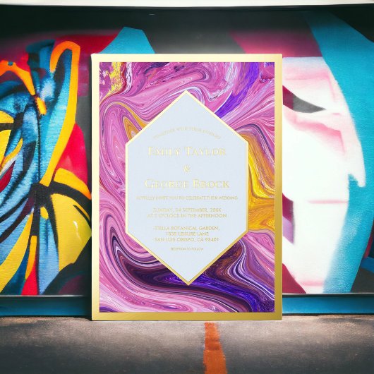 ブルーエレガントピンク銀河系抽象芸術ア結婚ート金ゴールド 箔招待状