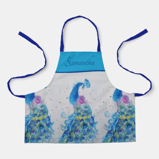 ブルーエレガントピーコックウォーターカラーアートガールズエプロン エプロン (正面)