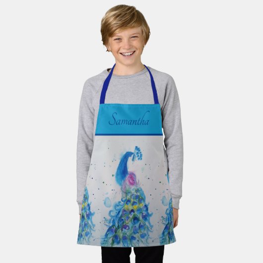 ブルーエレガントピーコックウォーターカラーアートガールズエプロン エプロン (着用した状態)