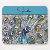 ブルーエレガントピーコックウォーターカラーアート誕生日 マウスパッド (正面)