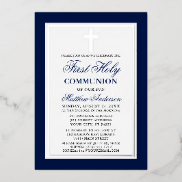 ブルーエレガントファースト聖餐式クロスシルバー 箔招待状
