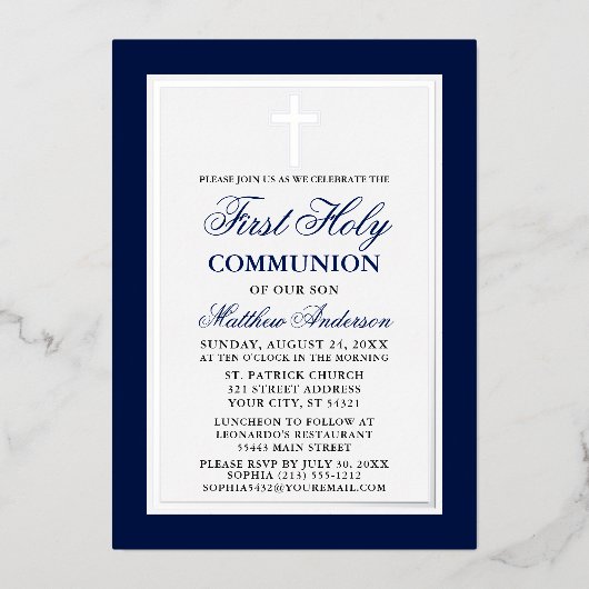 ブルーエレガントファースト聖餐式クロスシルバー 箔招待状 (正面)