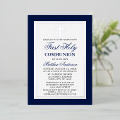ブルーエレガントファースト聖餐式クロスシルバー 箔招待状 (立ち正面)