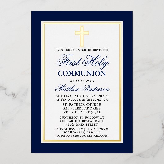 ブルーエレガントファースト聖餐式クロス金ゴールド 箔招待状 (正面)