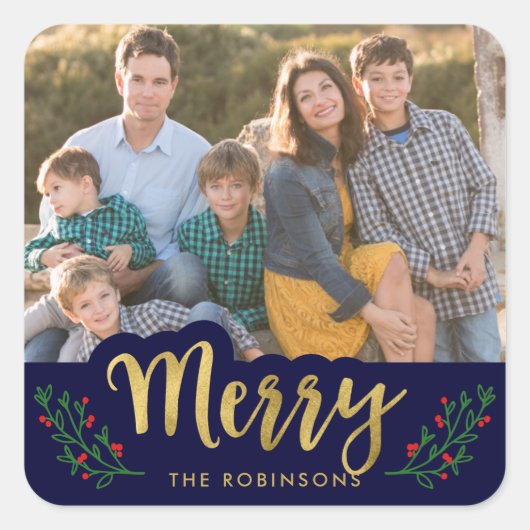 ブルーエレガントフェスティバルリーフメリーホリデーフォト スクエアシール (正面)