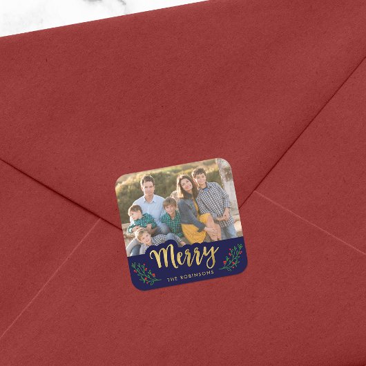 ブルーエレガントフェスティバルリーフメリーホリデーフォト スクエアシール