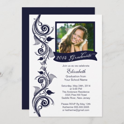 ブルーエレガントフォト卒業パーティー招待状 招待状 (正面/裏面)